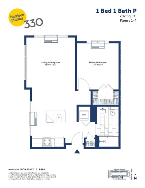 Floor plan for 1 bed, 1 bath, 707 sqft